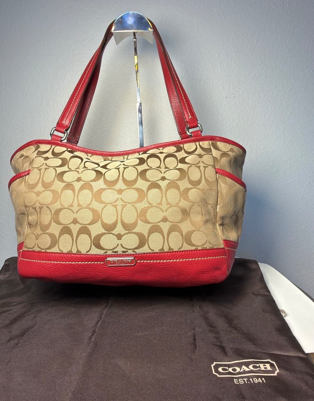 COACH F23297 Park Signature Carrie Tote Khaki Canvas Red Leather Shoulder Bag
